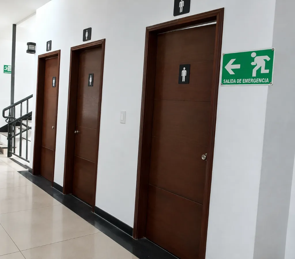 Pasillo con puertas y salida de emergencia.webp